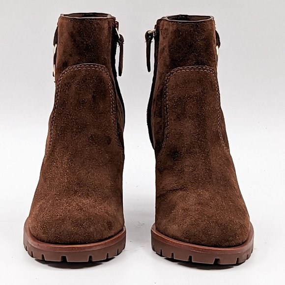 Tory Burch Women Sofia 85 Lug Sole T Logo Heeled Brown Suede Boots size 5 - Picture 2 of 11